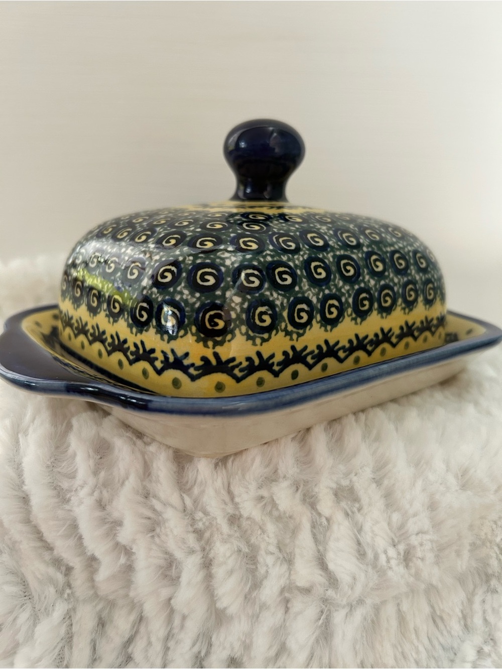 Polish Pottery Butter Dish with Lid Handmade in Poland Blue/Yellow/Cream